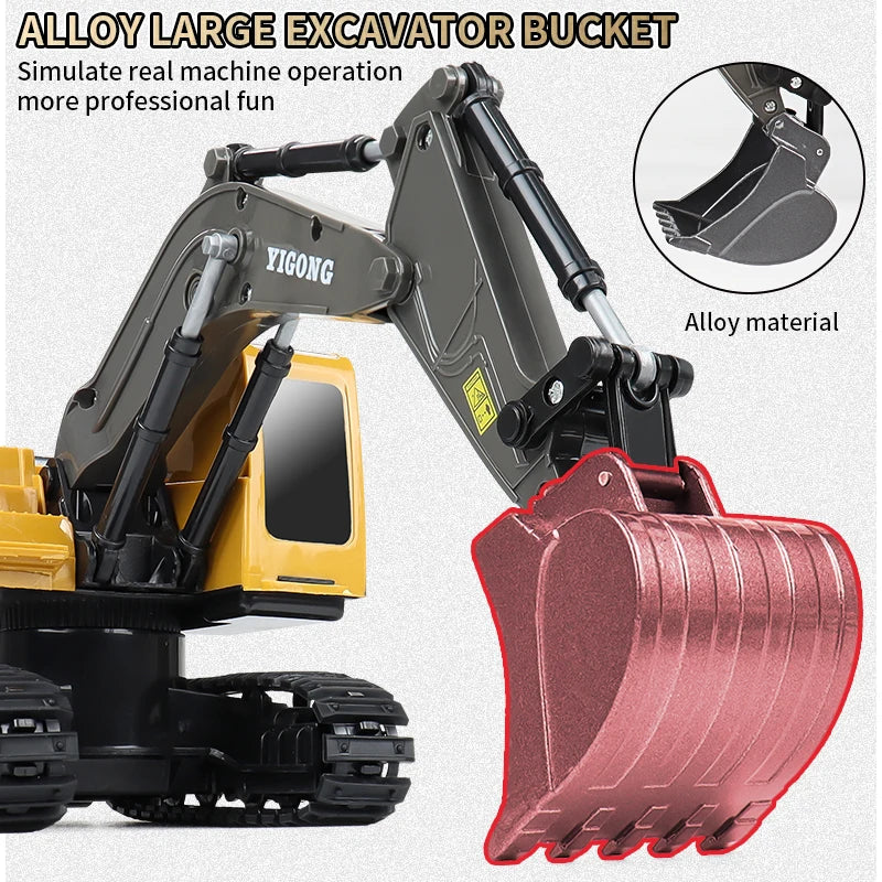 A close-up view of an alloy excavator bucket attached to a yellow construction excavator model.