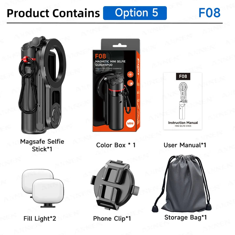 Magnetic selfie stick tripod with fill light and storage bag for smartphone video