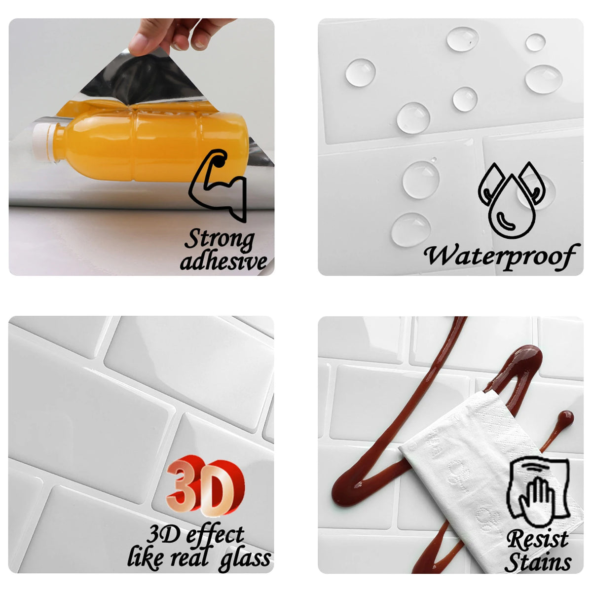 Peel-and-stick kitchen wall tiles featuring a 3D effect, waterproof, and strong adhesive.
