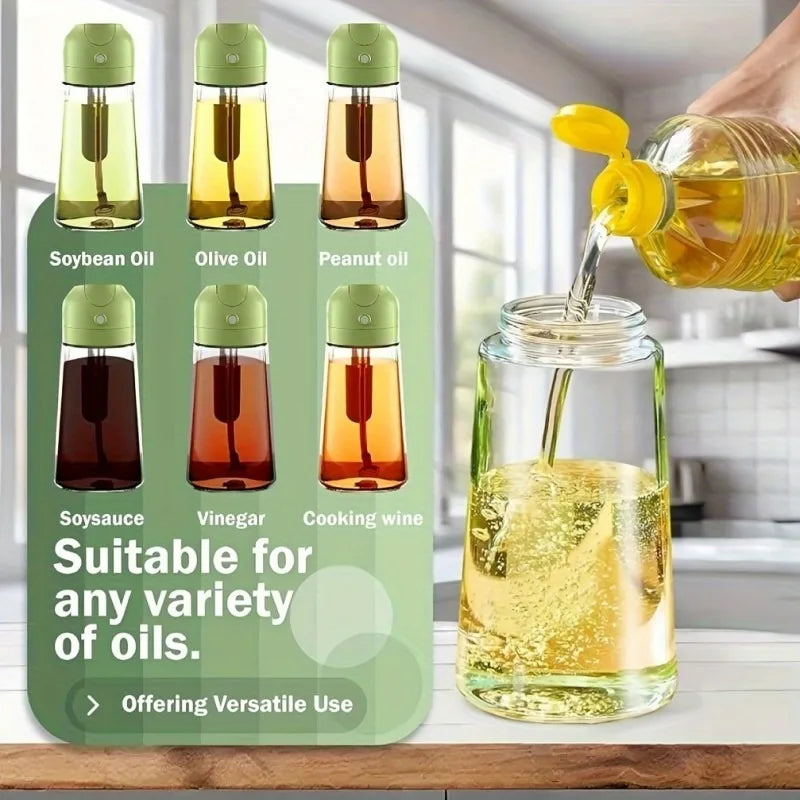 A green bottle dispenser shows various oils like soybean, olive, peanut, and vinegar, suitable for any variety of oils.