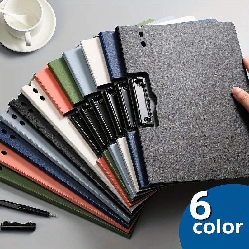 A stack of six colored A4 clip folders with protective covers displayed on a gray surface.