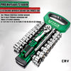 A green and silver chrome vanadium socket set with a ratchet and various sized sockets is displayed on a white background.