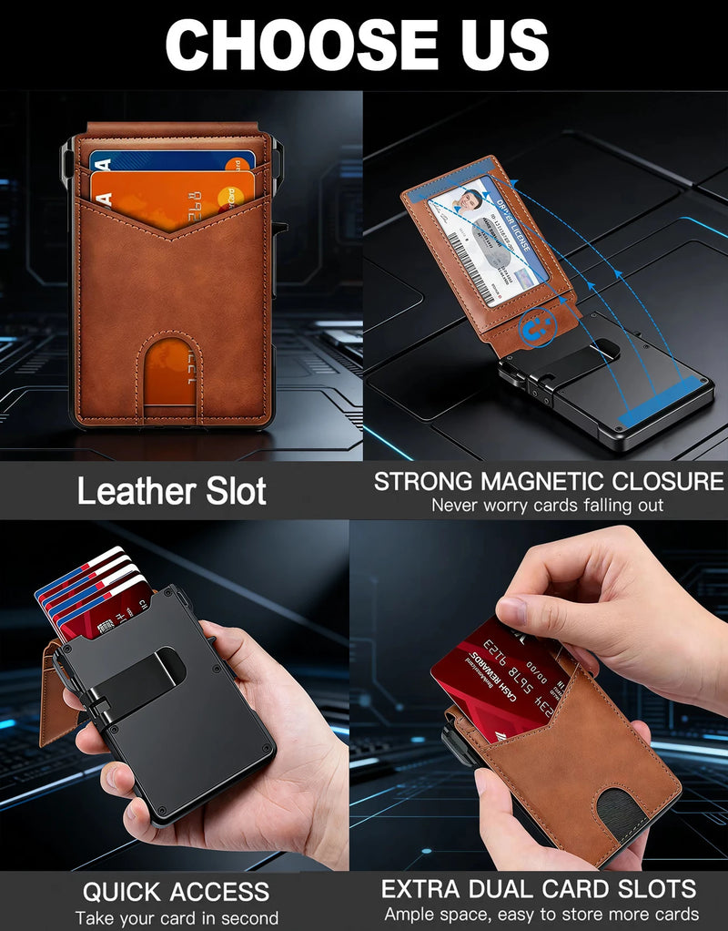 Slim RFID-Blocking Leather Wallet with Magnetic Money Clip