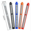Set von vier luftdichten Sprühmaschinenfiltern in Silber, Schwarz, Blau und Orange, die verschiedene Maschengrößen zeigen.