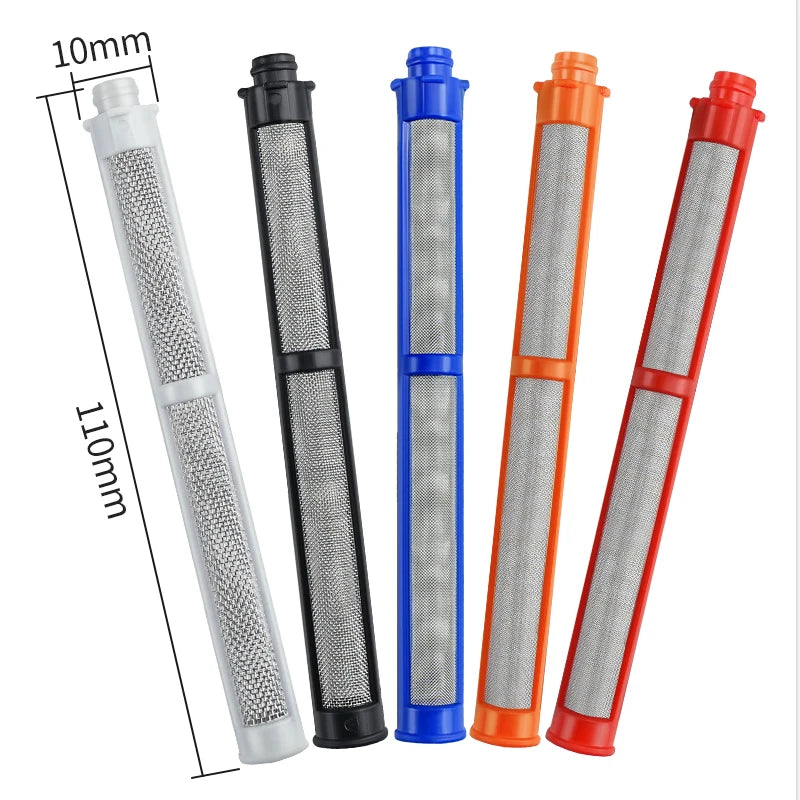 Set von vier luftdichten Sprühmaschinenfiltern in Silber, Schwarz, Blau und Orange, die verschiedene Maschengrößen zeigen.
