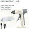 A white cordless glue gun is shown with glue sticks and a USB-C cable included.