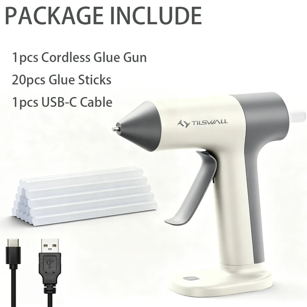 A white cordless glue gun is shown with glue sticks and a USB-C cable included.