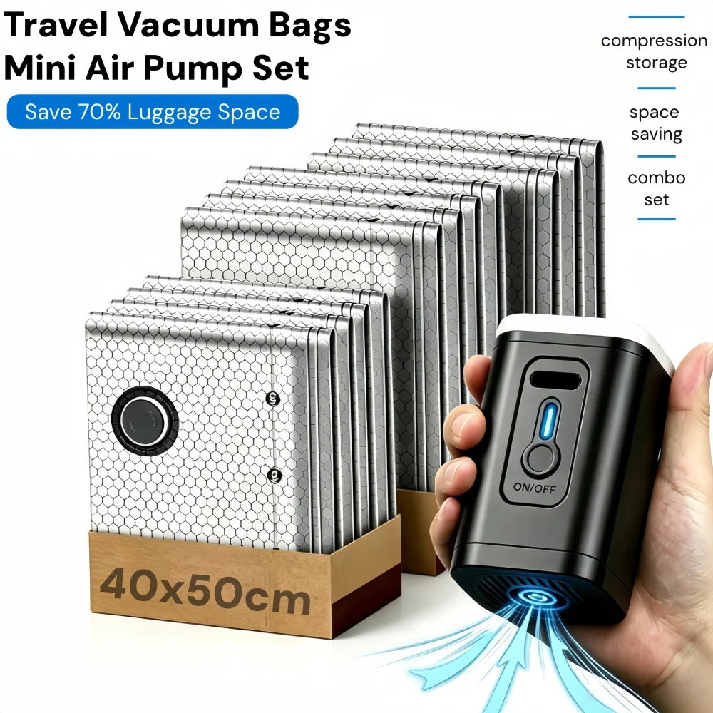 A hand holds a mini air pump set for travel vacuum bags, showing the device and its compressed air output.