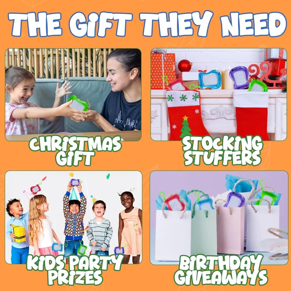 A collage showing Christmas gifts, stocking stuffers, party prizes, and birthday giveaways for kids.
