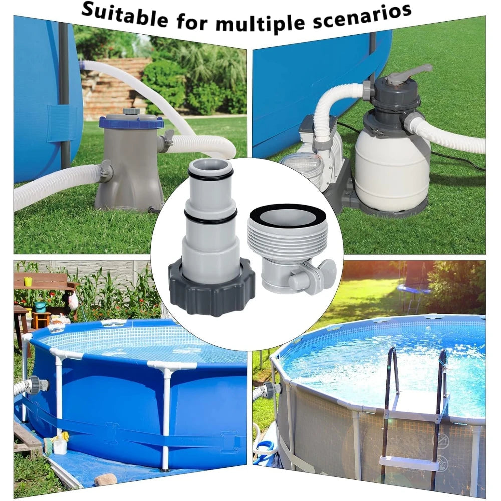 Pool hose adapter kit for filter pumps showing various connections and a pool setup.