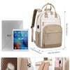 A beige laptop backpack designed to fit a 15.6-inch laptop, shown with accessories and interior details.