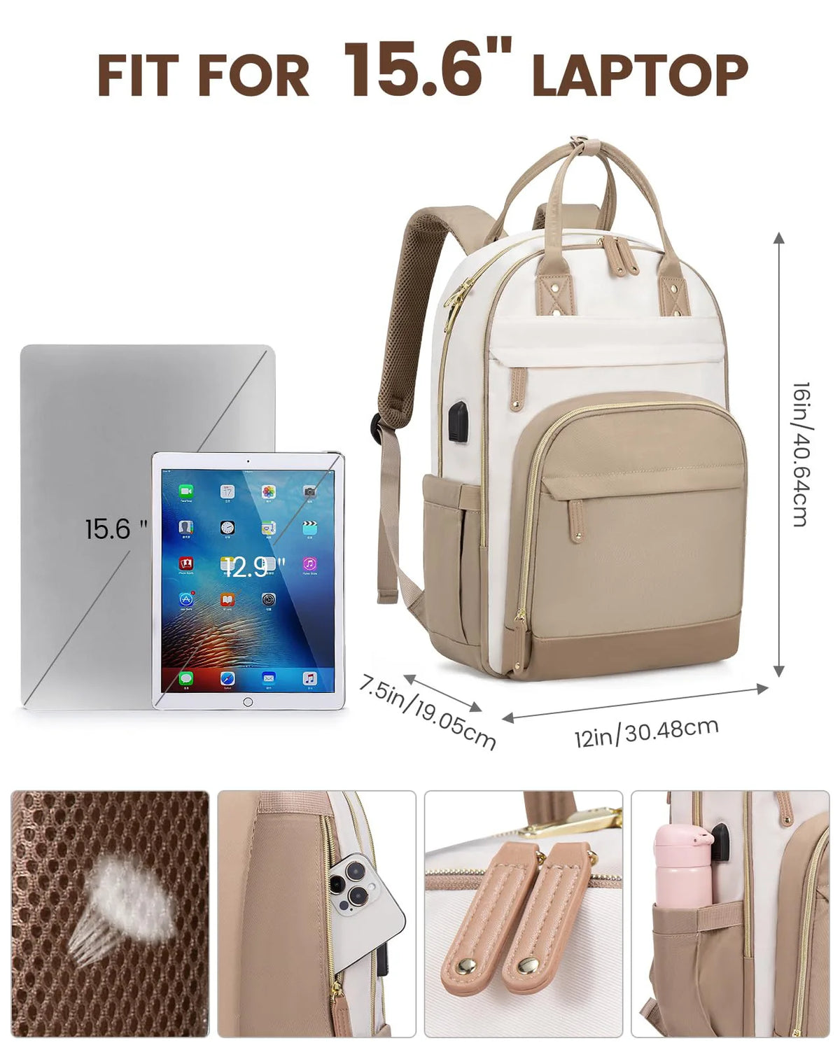 A beige laptop backpack designed to fit a 15.6-inch laptop, shown with accessories and interior details.