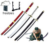 A collection of swords, including a 41-inch katana cosplay sword and freebies, alongside an illustration of a swordsman.