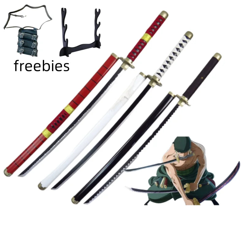 A collection of swords, including a 41-inch katana cosplay sword and freebies, alongside an illustration of a swordsman.