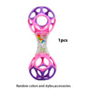 A pink baby rattle toy with purple rings and colorful soft beads for teething