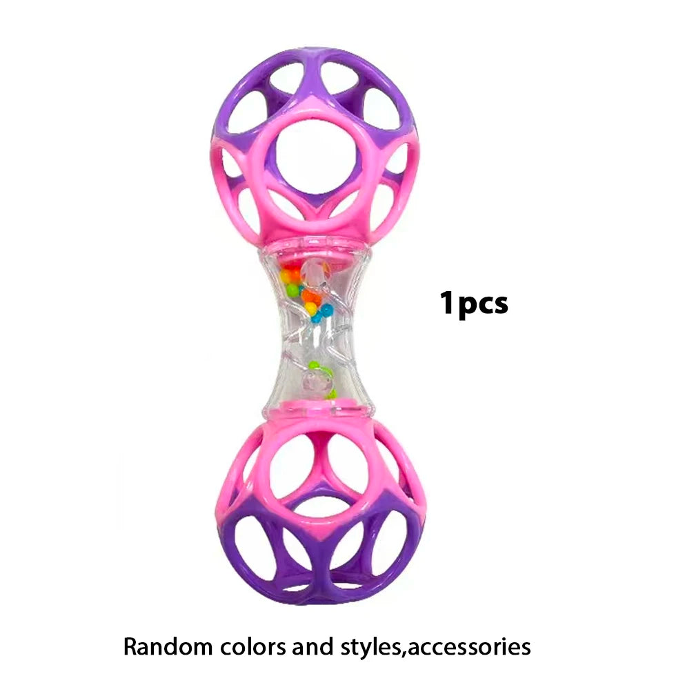 A pink baby rattle toy with purple rings and colorful soft beads for teething
