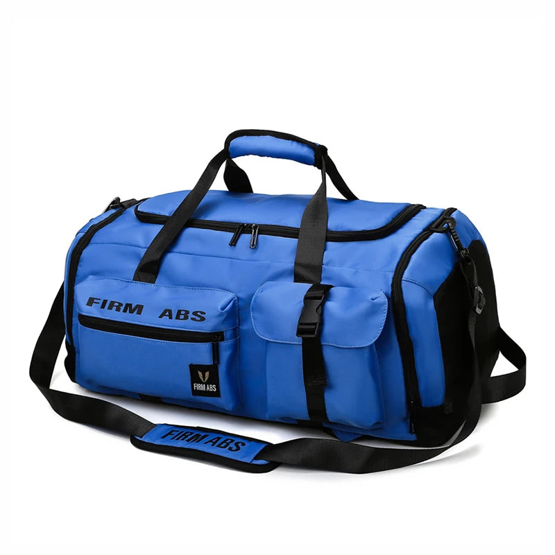 A blue tactical nylon backpack with black straps and buckles.