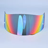 A curved, tinted visor lens shield for a motorcycle helmet, displaying iridescent rainbow colors.