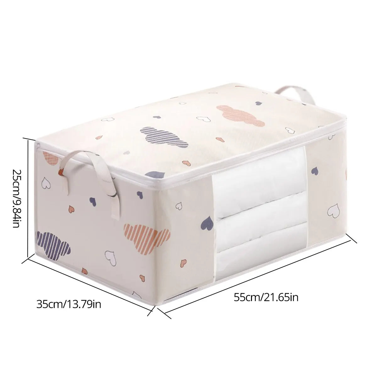 A beige foldable blanket and clothes storage bag with a zipper, shown from above.