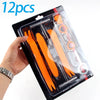 A hand holds a package of 12 pieces of orange car trim removal tools in a clear plastic storage pouch.