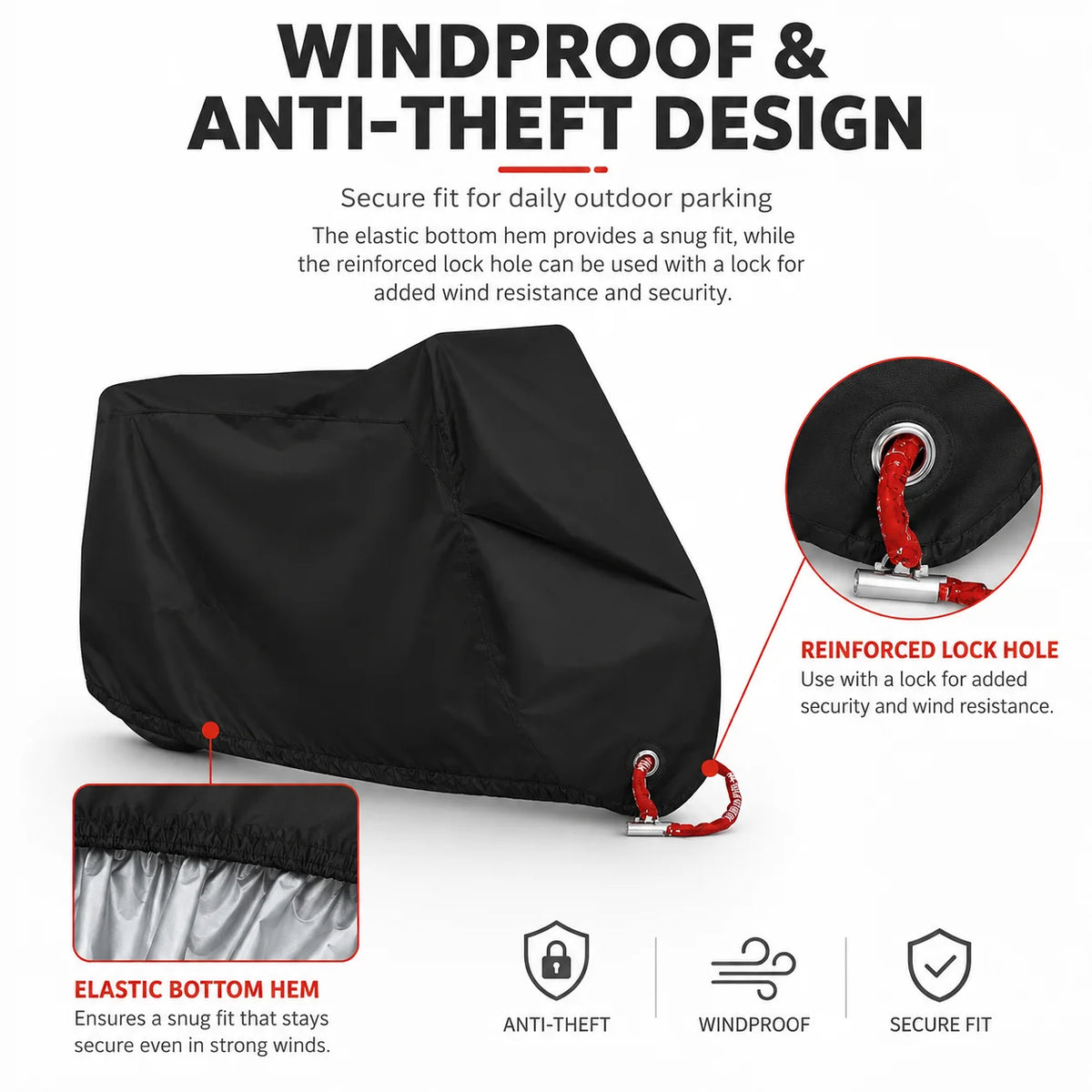Black waterproof motorcycle cover featuring an elastic bottom hem, reinforced lock hole, and secure fit design.