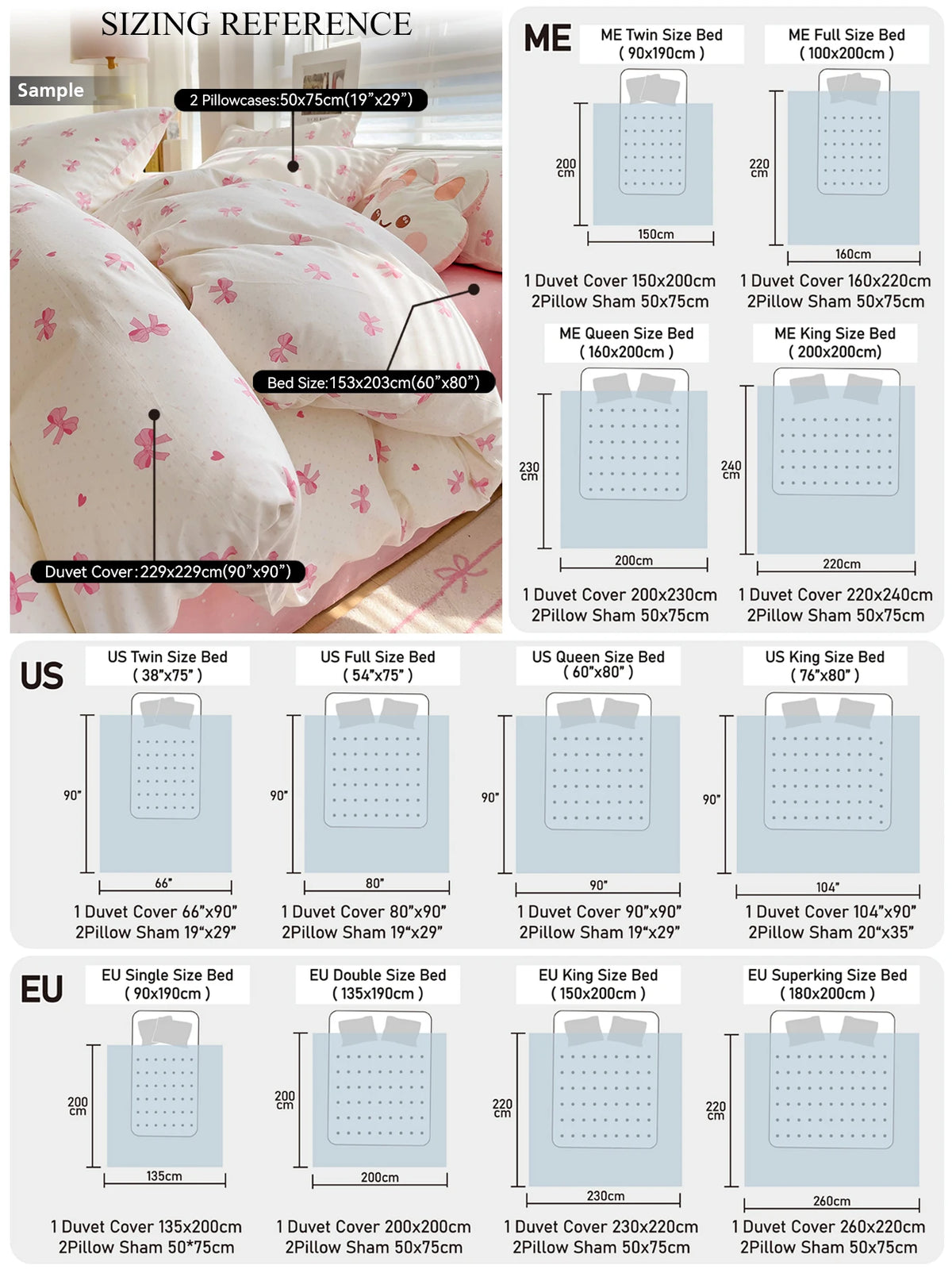 Sizing reference chart showing dimensions for ME, US, and EU sized duvet covers and pillow shams.