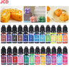 A collection of 18 bottles of concentrated liquid candle dye in various colors, including yellow, purple, green, and orange.