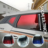 Close-up of a car window with red tint film applied, showing the thickness measurement and various color options.