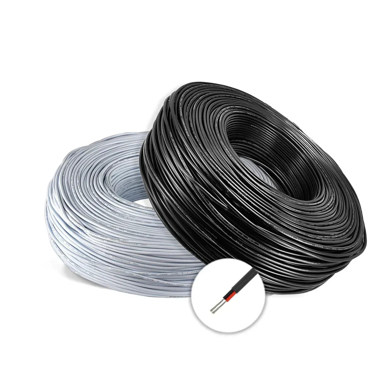 Spools of black and silver 7-core tinned copper wire for trailers, audio, and LED lighting.