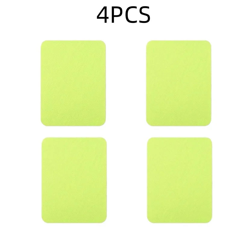 Four bright lime green iron-on fabric patches are displayed against a white background.
