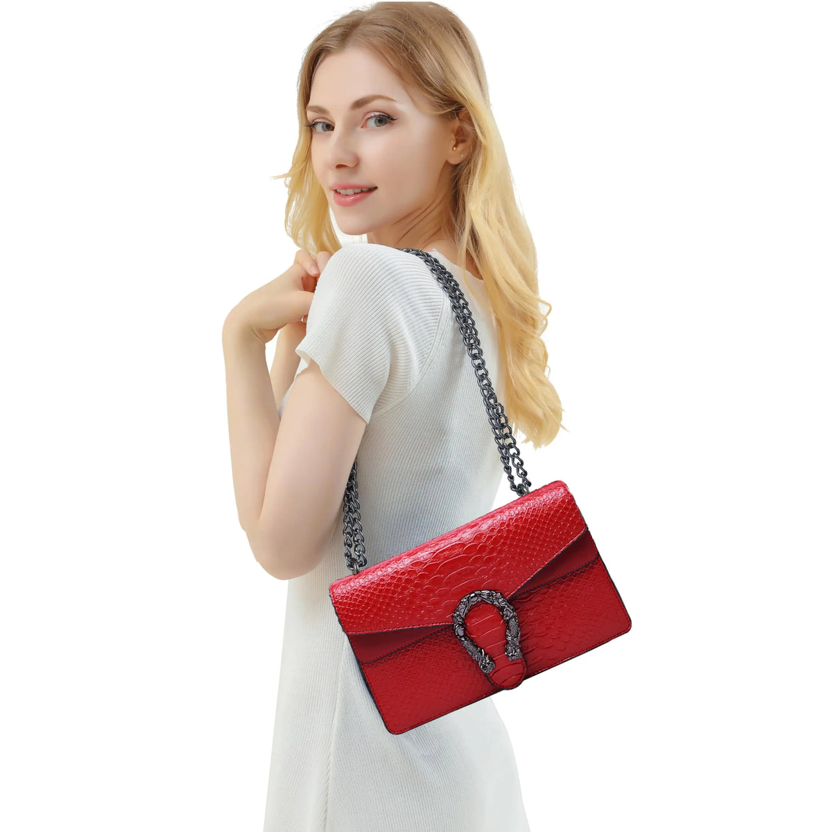 Women's Snake Print PU Leather Crossbody Bag with Chain Strap