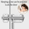 A close-up of a heavy duty stainless steel door bolt latch mechanism installed on a door.