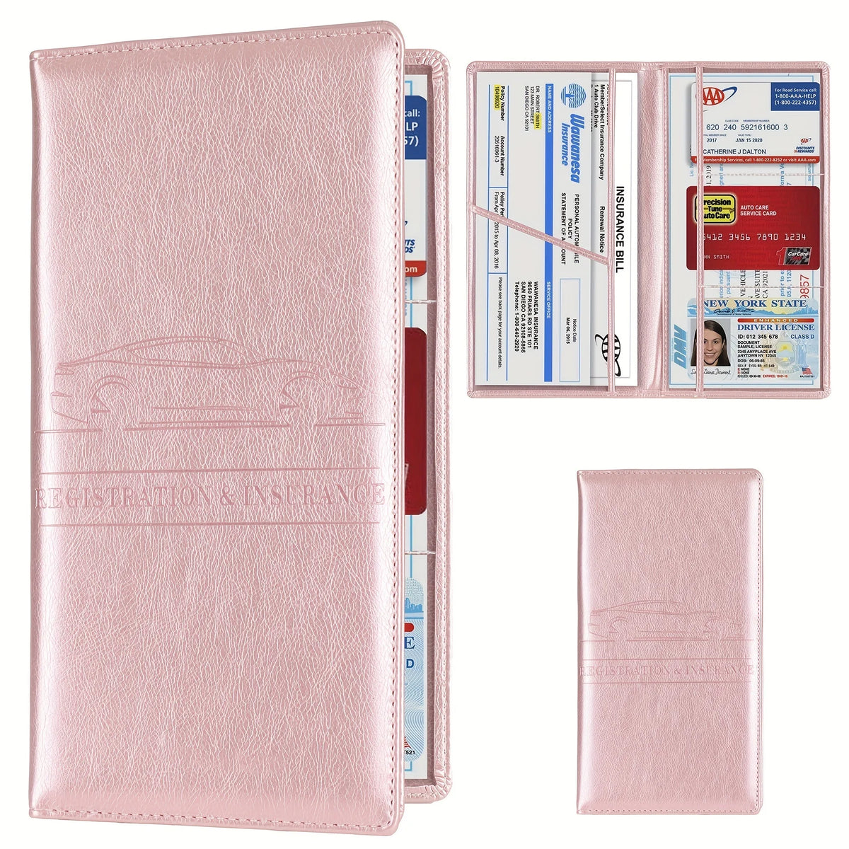 A pink leather slim card holder wallet containing vehicle registration, license, and insurance cards.