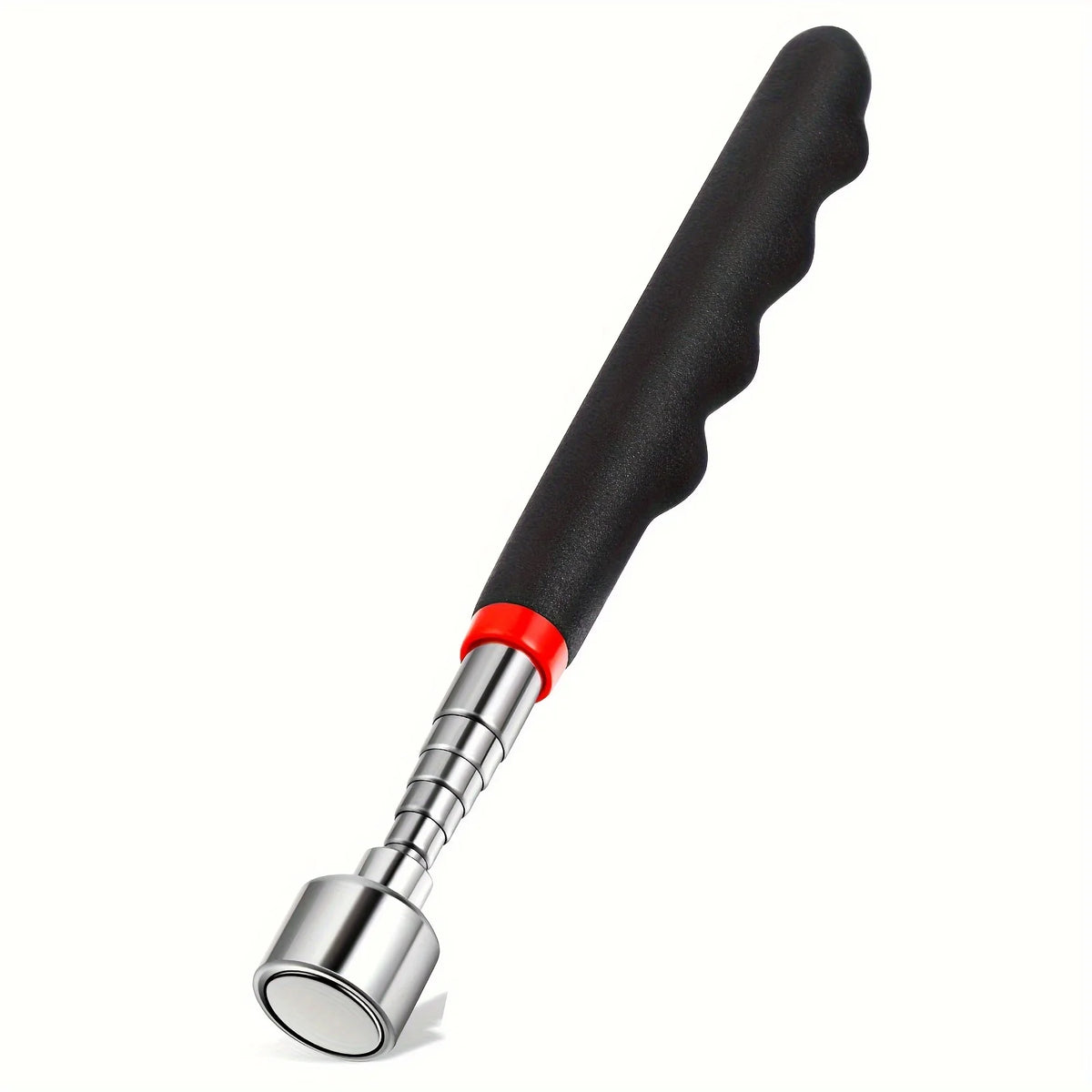 A black telescopic magnet pickup tool with a silver tip and red accent is shown against a white background.