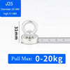 Silver J25 fishing magnet with a 31mm high and 25mm diameter, capable of pulling 0-20kg.