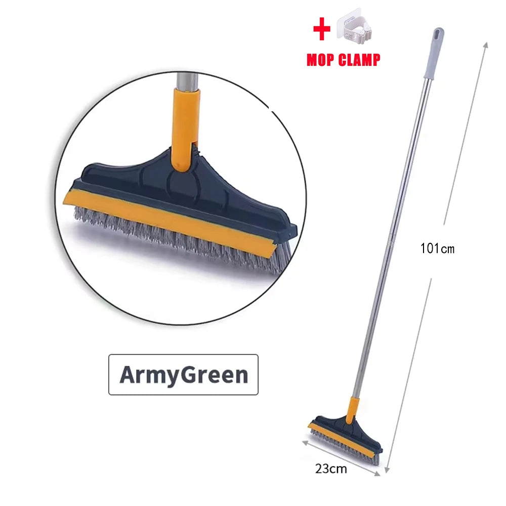 ArmyGreen 3-in-1 rotating floor scrub brush with a long handle and mop clamp.