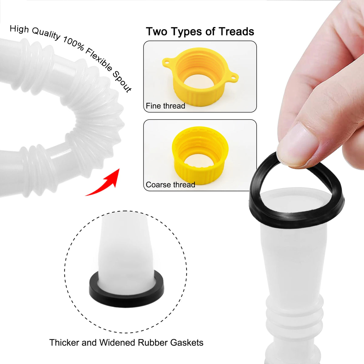 A kit showing two types of threads and a thick rubber gasket for a universal flexible gas can spout replacement.