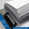 A stack of 100 sheets of A4 paper held together by a black clamping force inside a protective folder.