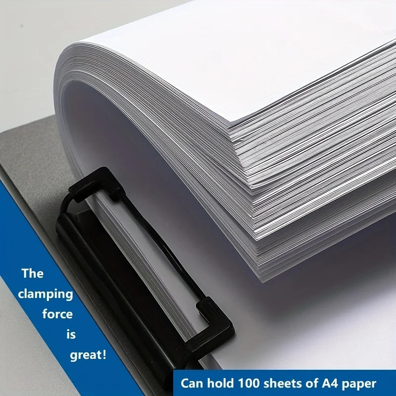 A stack of 100 sheets of A4 paper held together by a black clamping force inside a protective folder.