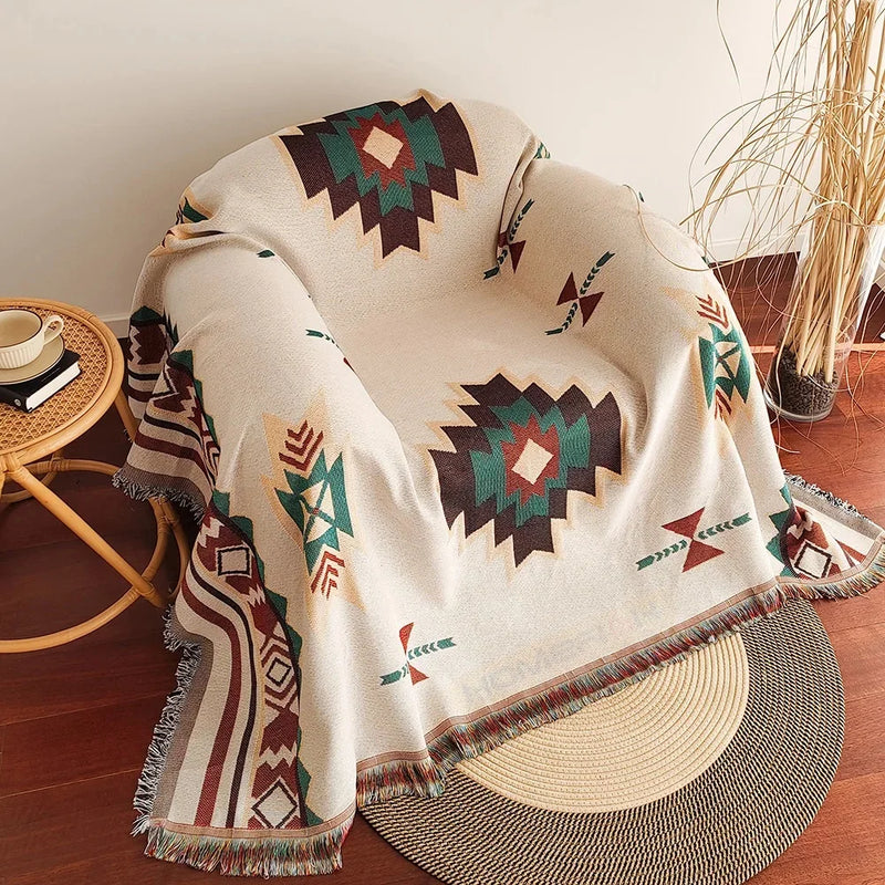 Oversized Aztec Boho Throw Blanket with Fringe
