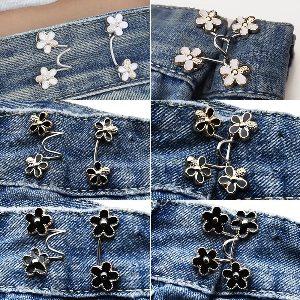 Close-up of black and white floral no-sew adjustable buttons for tightening jeans