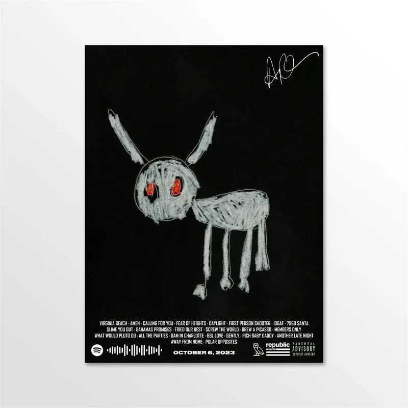 Black canvas print featuring a stylized, white, horned creature drawing on a black background.