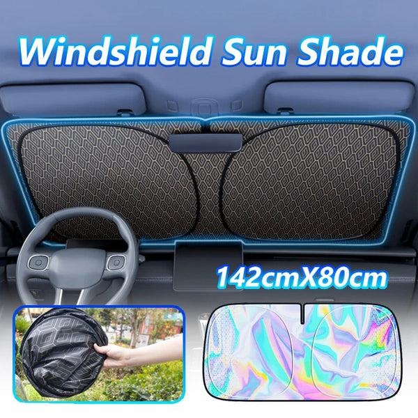 Foldable car windshield sun shade installed in a vehicle interior with a steering wheel visible.