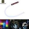 A white flexible LED light bar with a black and red grip is shown in various contexts.