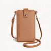 A tan PU leather crossbody bag with a flap closure and silver hardware.