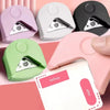 A set of five pink and green paper corner rounder cutters are displayed on a pink background with a white card showing before