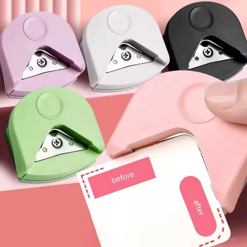 A set of five pink and green paper corner rounder cutters are displayed on a pink background with a white card showing before
