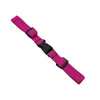 A pink and black adjustable backpack chest strap with a plastic buckle.