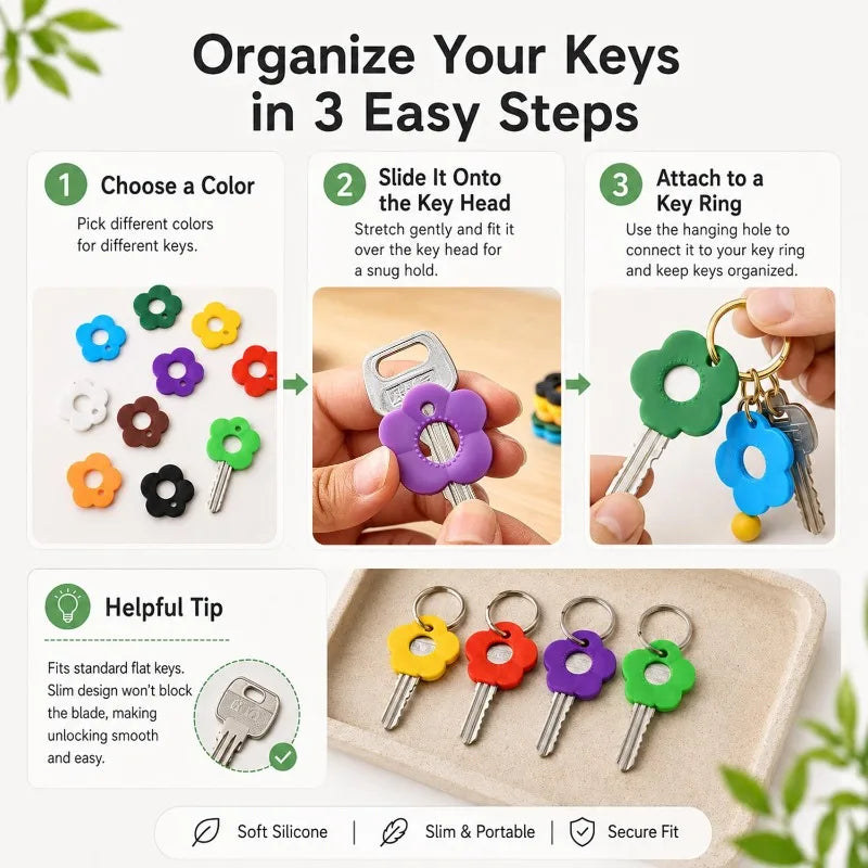 Three steps to organize keys using flower silicone covers in various colors like purple, green, and orange.