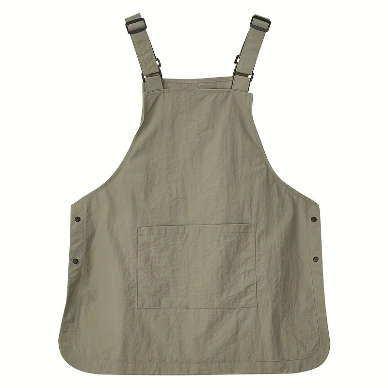A beige waterproof unisex work apron with straps and a large front pocket.